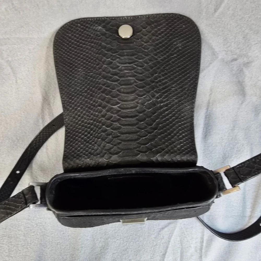 Emily Cho New York Black‎ Python Embossed Leather Crossbody Bag Silver Hardware